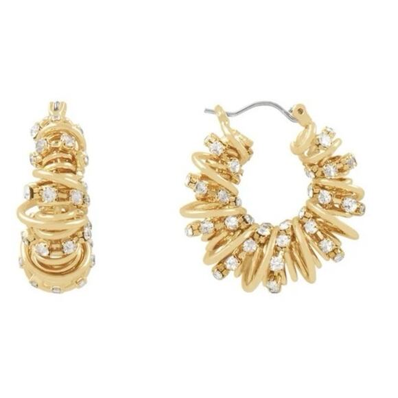 NEW Earrings Unique Rhinestone Wire Hoop Gold Tone Trendy Jewelry Trend O131 - Picture 1 of 5